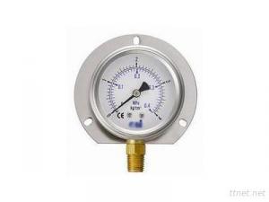 Oil-filled vertical pressure gauge attached to the